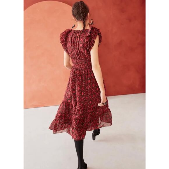 Ulla Johnson Anika Ruffle Midi Dress Red Fuchsia Dress Floral 10 Silk - Picture 3 of 11